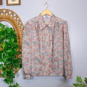 Cricket Lane Floral Blouse Shoulder Pads Hidden Buttons Pearl Cuffs Soft Autumn